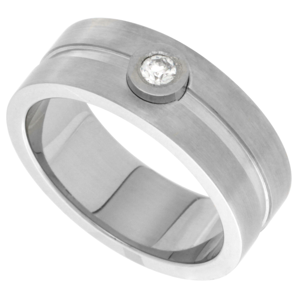Stainless Steel 8mm CZ Wedding Band Ring Bezel Set Stone Grooved Center Matte Finish, sizes 8 - 14