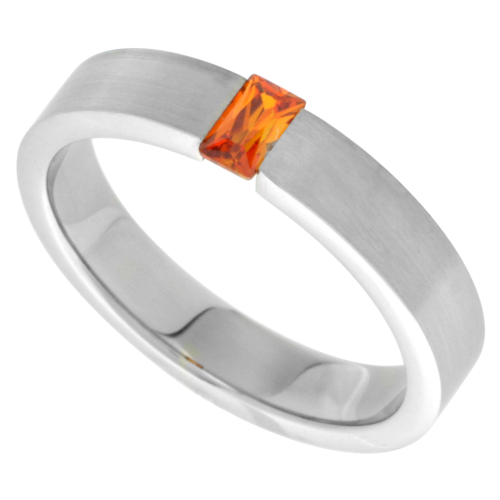Surgical Stainless Steel 5mm Orange CZ Wedding Band Ring Tension Set Matte Finish, sizes 7.5 - 13.5