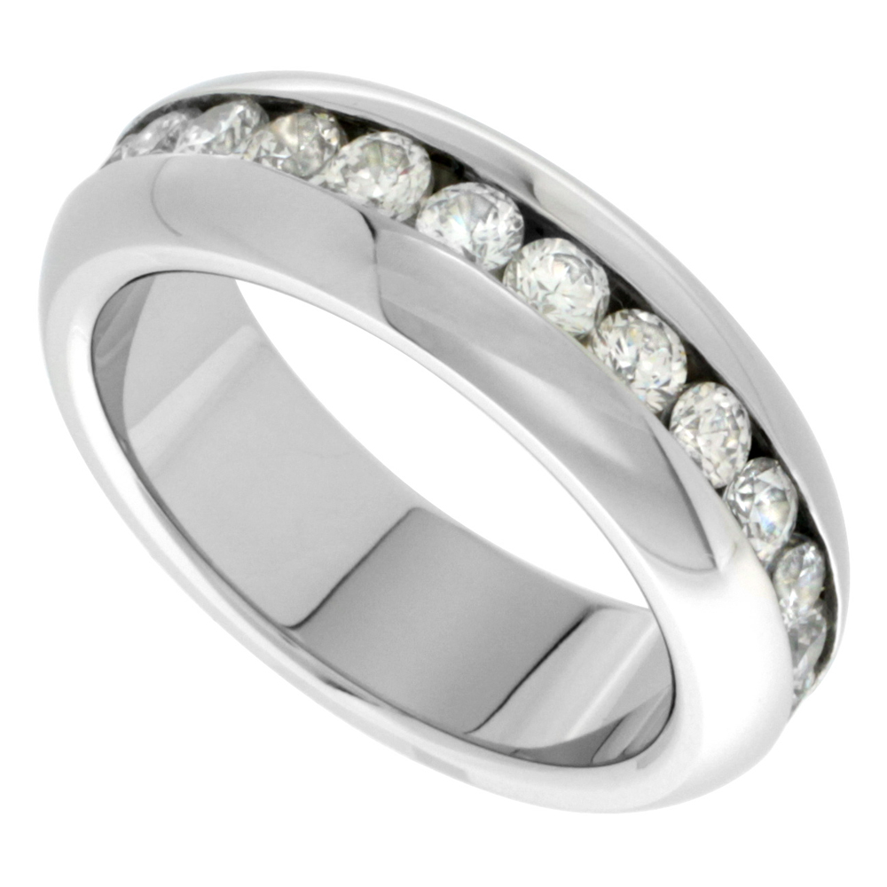 Stainless Steel 7mm Domed Eternity wedding Band Ring 3mm CZ Stones Highly Polished, sizes 7 - 14.5