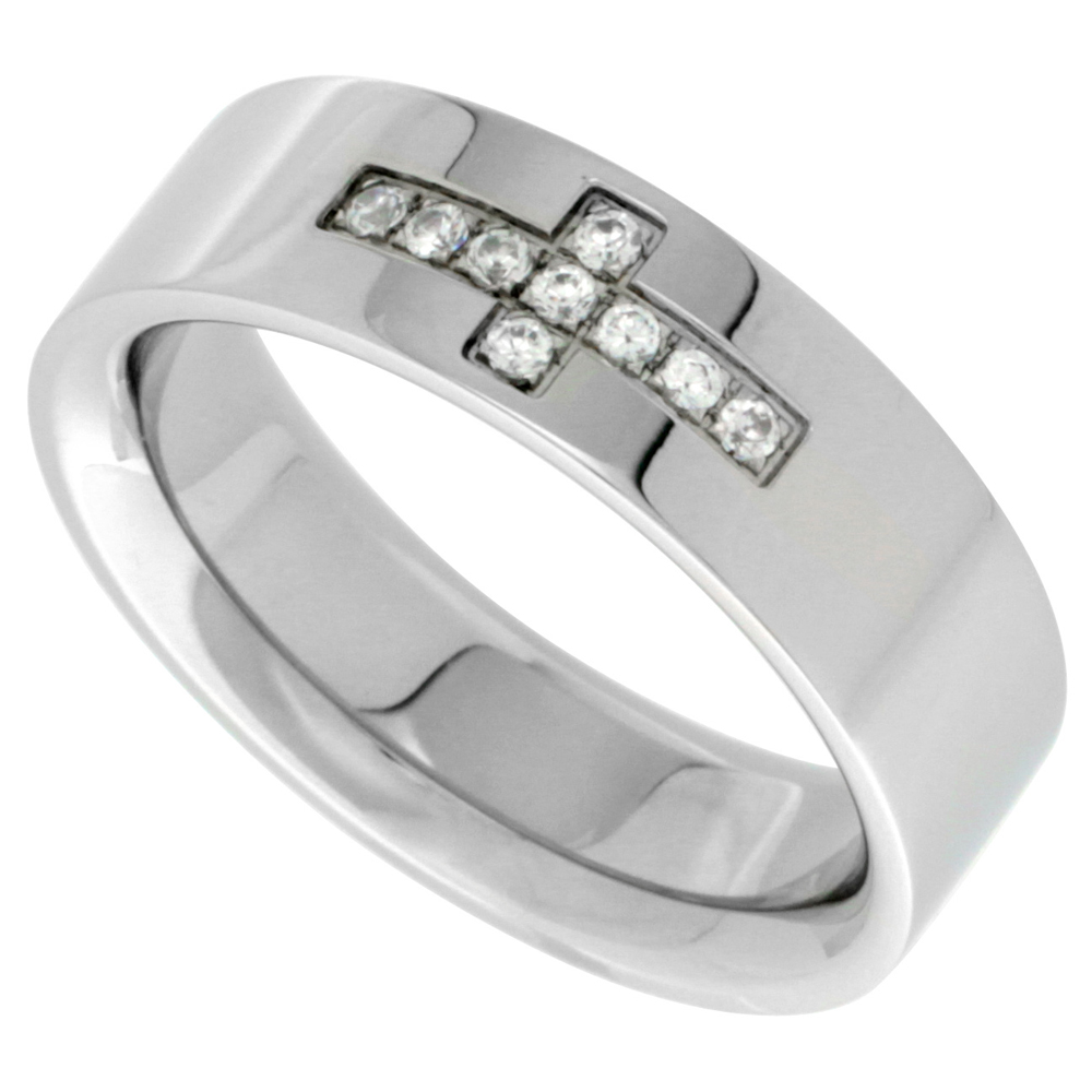 Surgical Stainless Steel 7mm CZ Cross Wedding Band Ring 9-stone Polished Finish, sizes 7 - 14