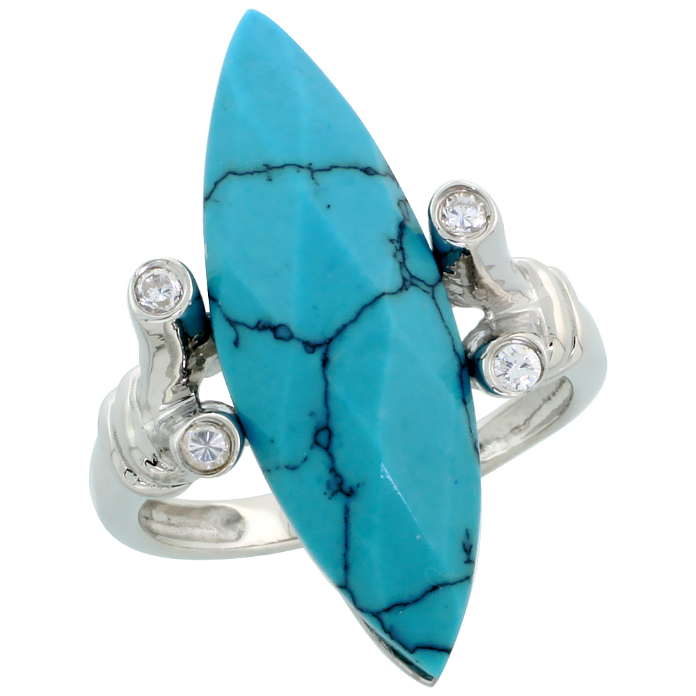 Sterling Silver Faceted Synthetic Turquoise Ring, w/ Brilliant Cut CZ Stones, 1" (26mm) wide