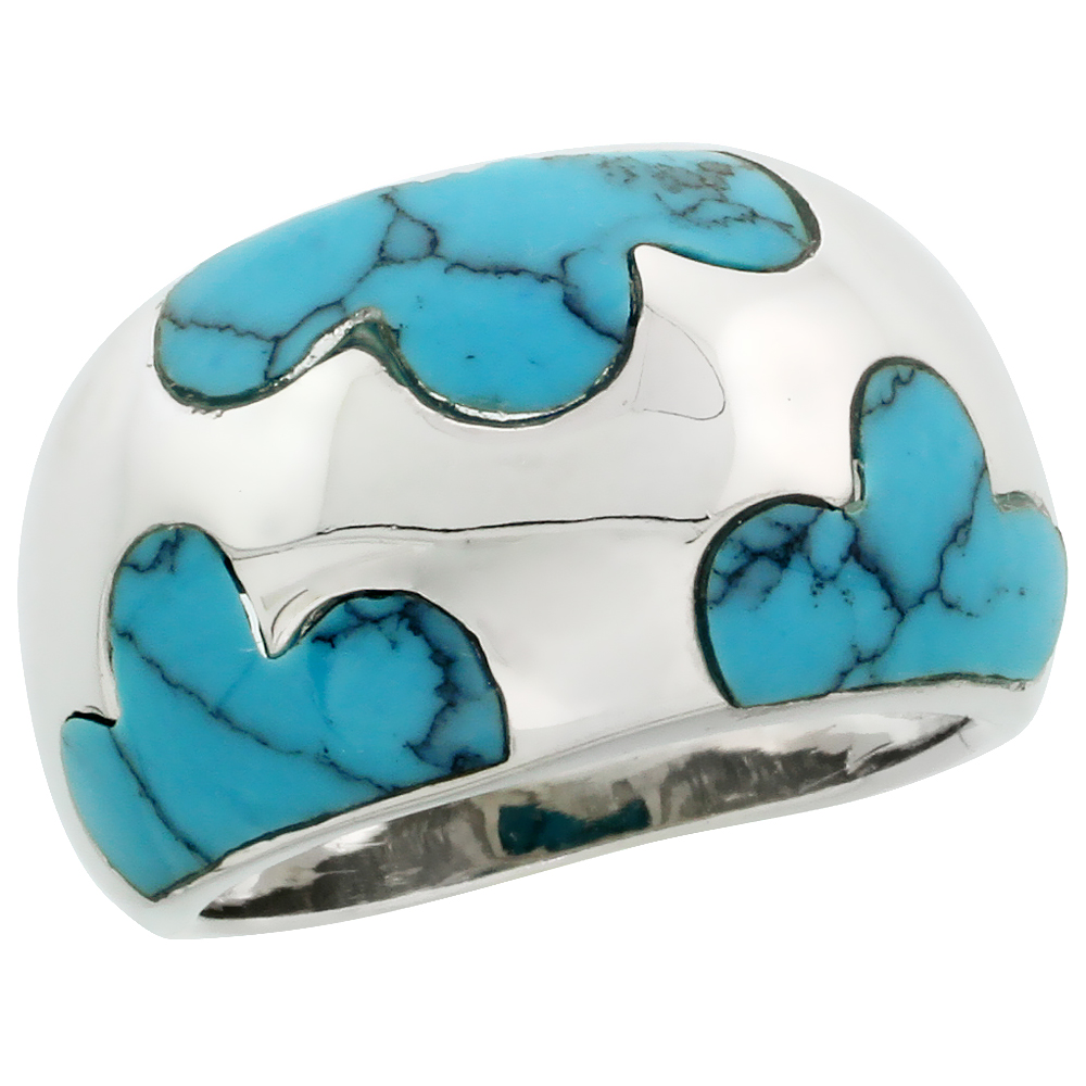 Sterling Silver Domed Cigar Band Ring w/ synthetic Turquoise Inlay, 1/2" (13mm) wide