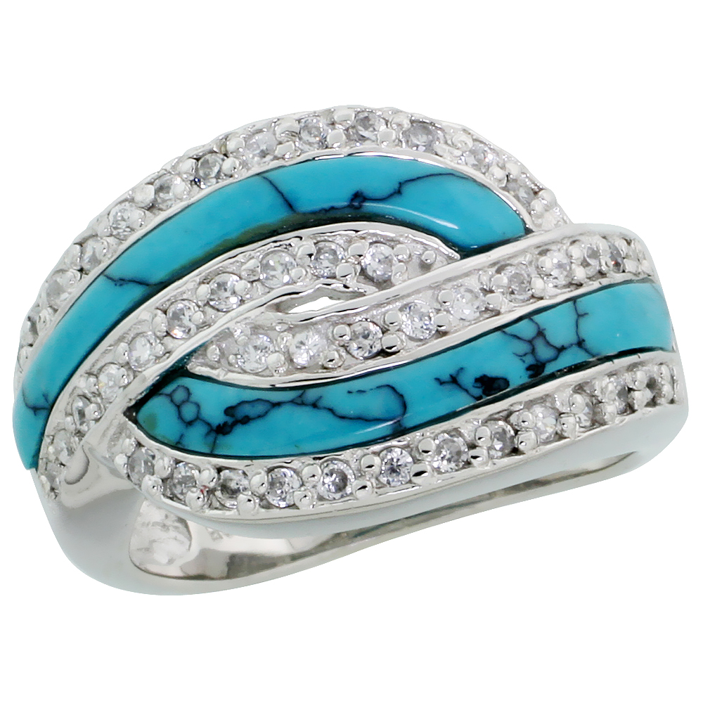 Sterling Silver Cubic Zirconia Knot Ring w/ Synthetic Turquoise Inlay, 9/16" (14mm) wide
