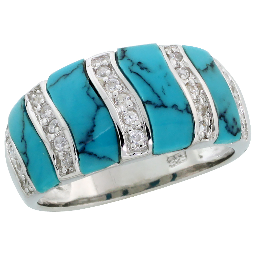 Sterling Silver Cigar Band Ring w/ 4 Section Synthetic Turquoise Inlay and Cubic Zirconia Stones, 3/8" (10mm) wide