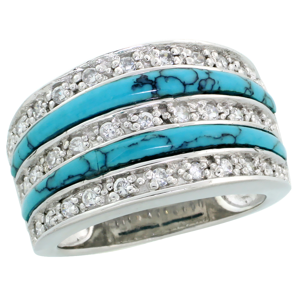 Sterling Silver Flat Cubic Zirconia Band, w/ 2 Row Synthetic Turquoise inlay, 1/2&quot; (13mm) wide