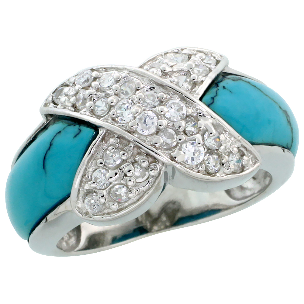 Sterling Silver Criss Cross Cubic Zirconia Ring w/ Turquoise Inlay, 7/16&quot; (11mm) wide