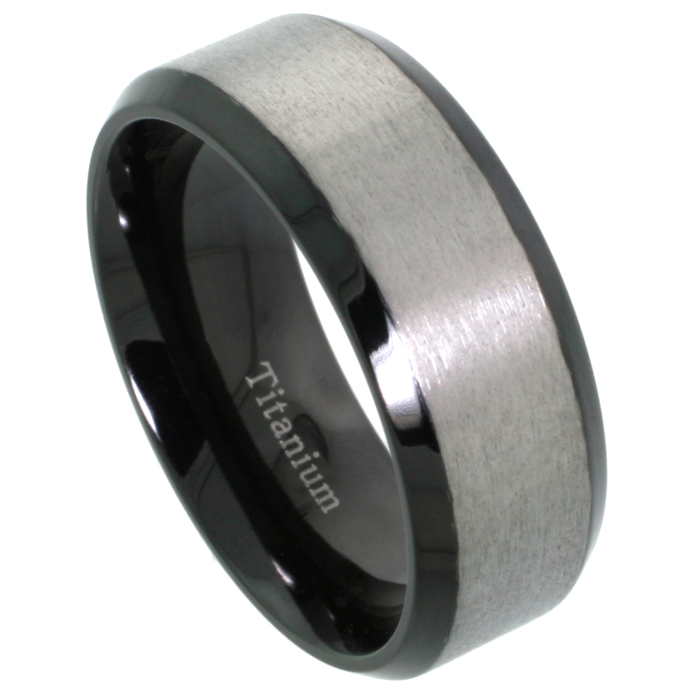 8mm Black Titanium Wedding Band Two-tone Ring Brushed Center Beveled Edges Comfort Fit sizes 7 - 14