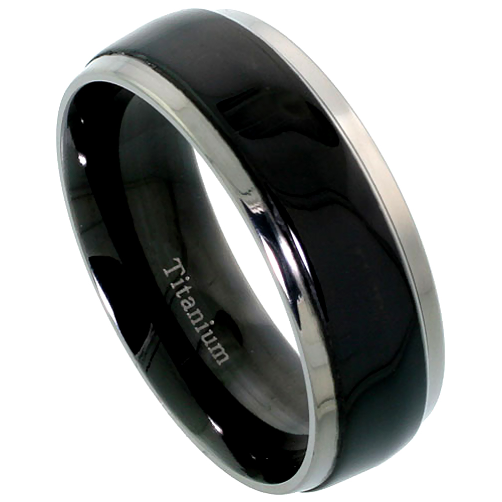 8mm Black Titanium Wedding Band Ring Two tone Beveled Edges Comfort Fit sizes 7 - 14