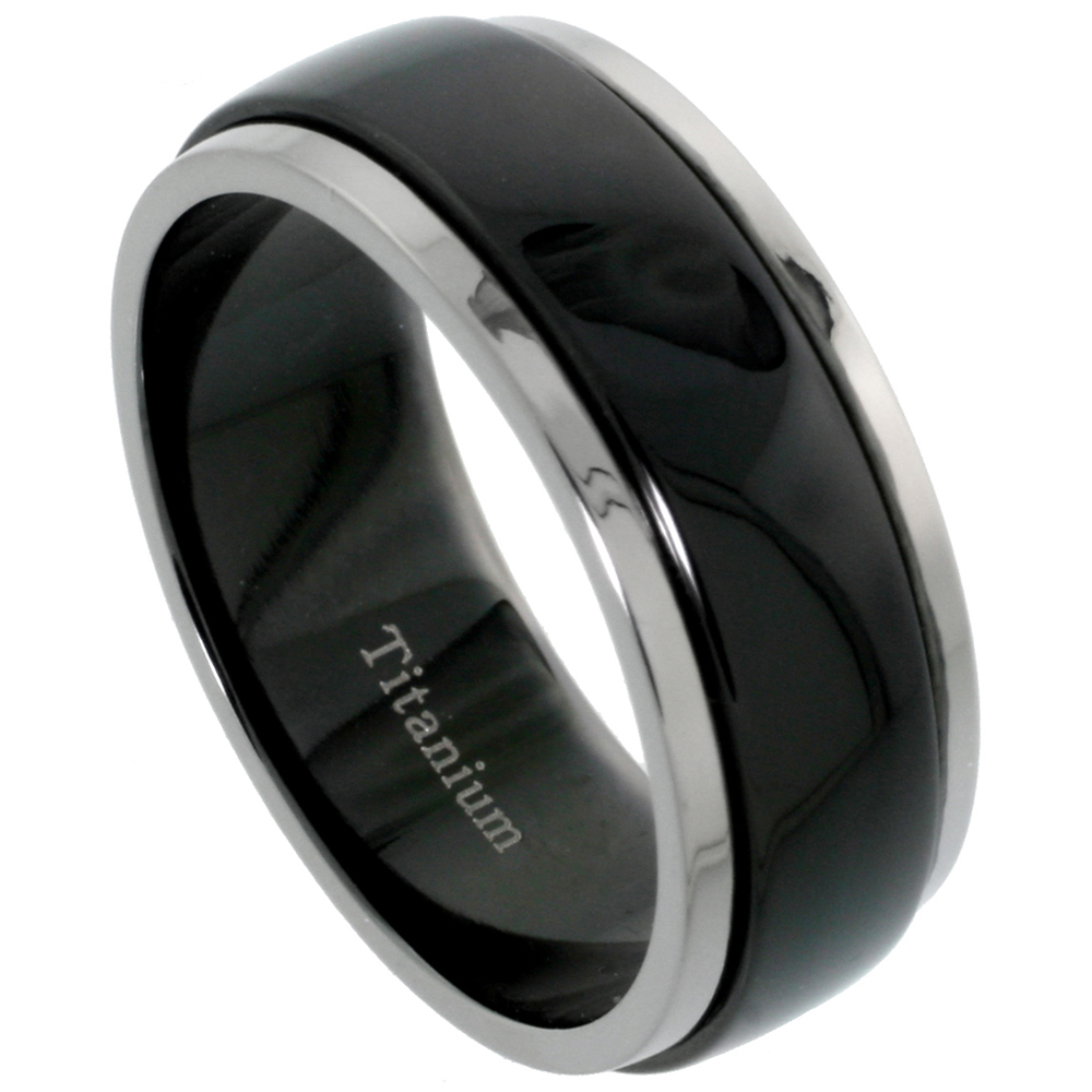 8mm Black Titanium Wedding Band Spinner Ring Two Tone Finish sizes 7 - 14.5