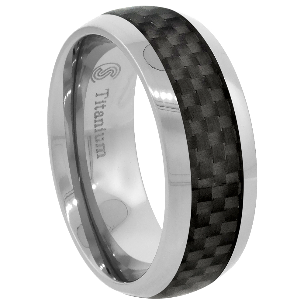 8mm Titanium Wedding Band Ring Carbon Fiber inlay Comfort Fit sizes 7 - 14.5