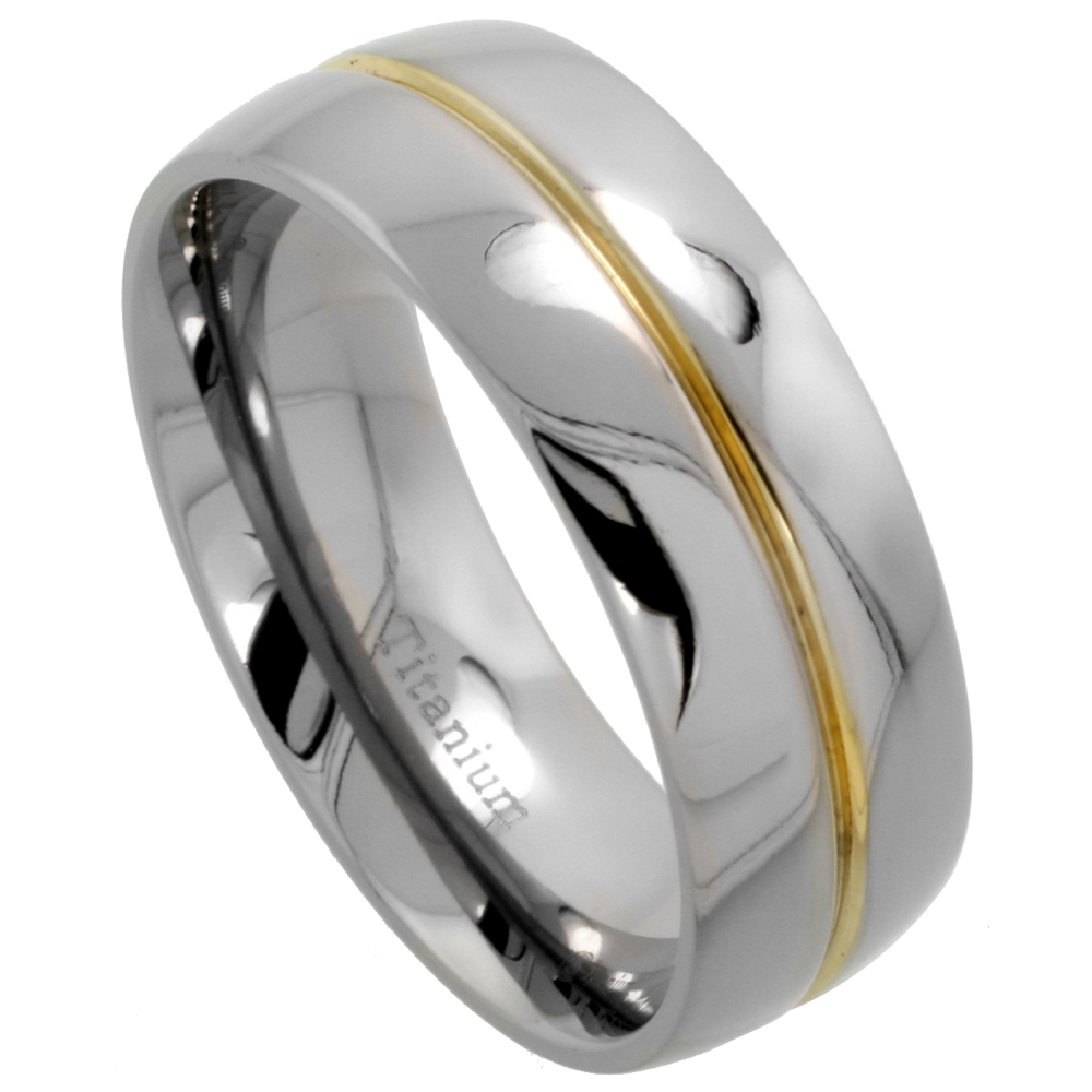 8mm Titanium Wedding Band Gold Grooved Ring Domed polished Finish Comfort Fit sizes 7 - 14.5