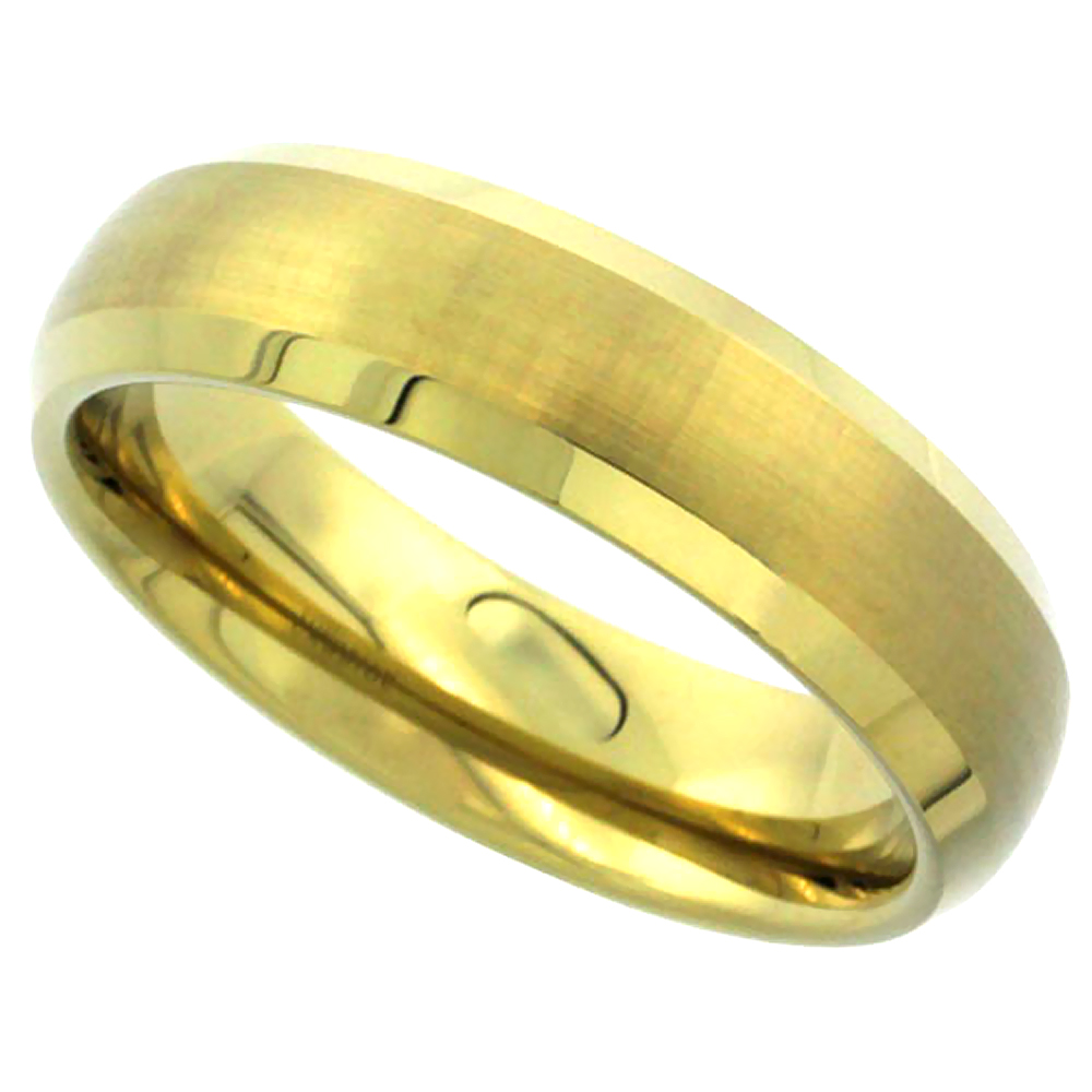 6mm Gold Tungsten Wedding Band Dome Brushed Finish Beveled Edge Comfort fit, sizes 5 to 9.5