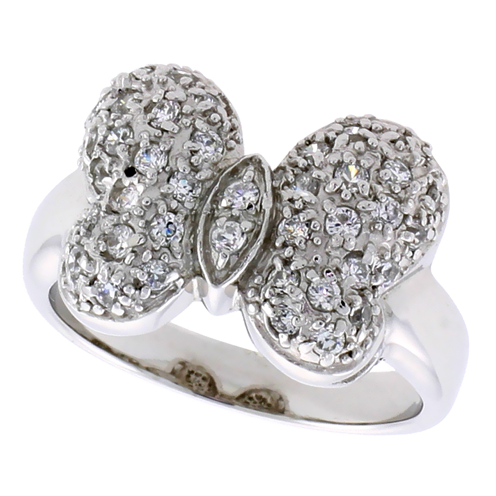Sterling Silver & Rhodium Plated Butterfly Ring, w/ Tiny High Quality CZ's, 9/16" (14 mm) wide