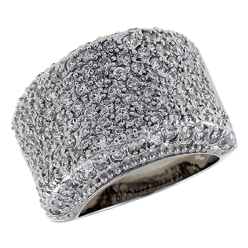 Sterling Silver & Rhodium Plated Dome Band, w/ Tiny High Quality CZ's, 11/16" (17 mm) wide
