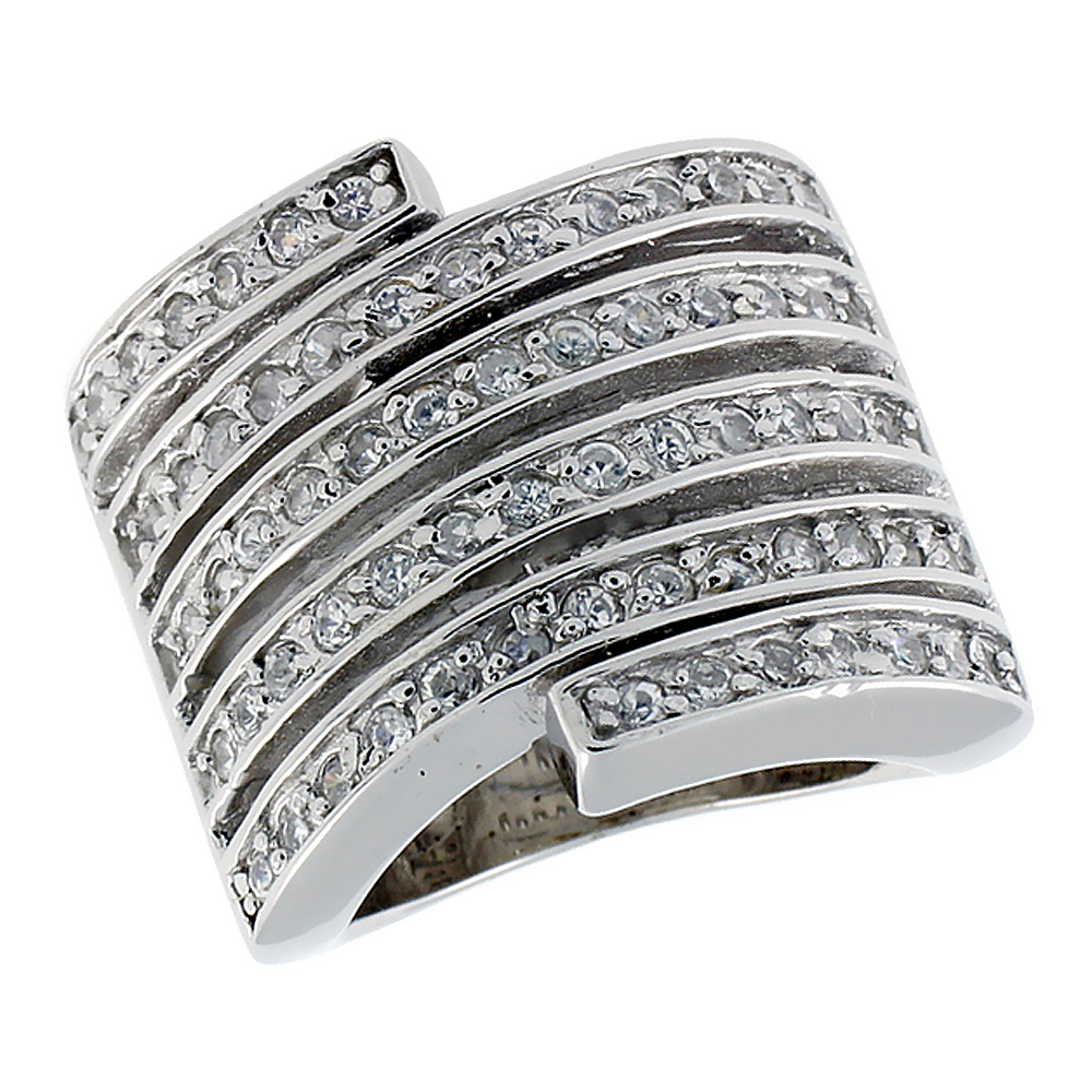 Sterling Silver & Rhodium Plated Spiral Band, w/ 64 Tiny High Quality CZ's, 13/16" (21 mm) wide
