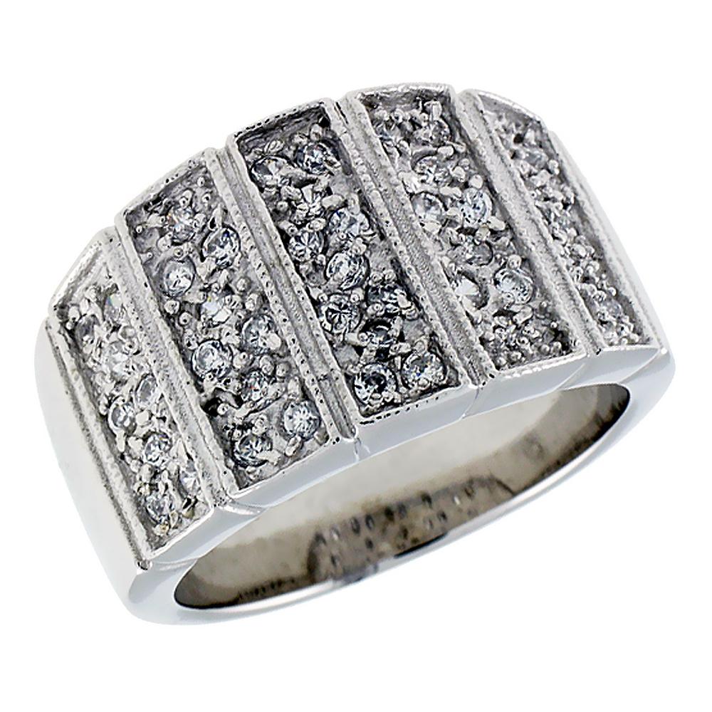 Sterling Silver & Rhodium Plated Band, w/ Tiny High Quality CZ's, 9/16" (14 mm) wide