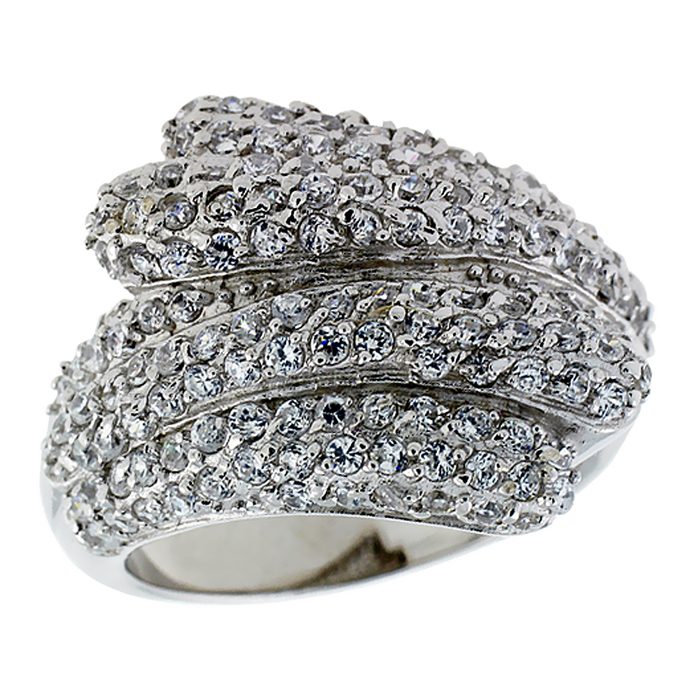 Sterling Silver &amp; Rhodium Plated Freeform Ring, w/ Tiny High Quality CZ&#039;s, 13/16&quot; (21 mm) wide