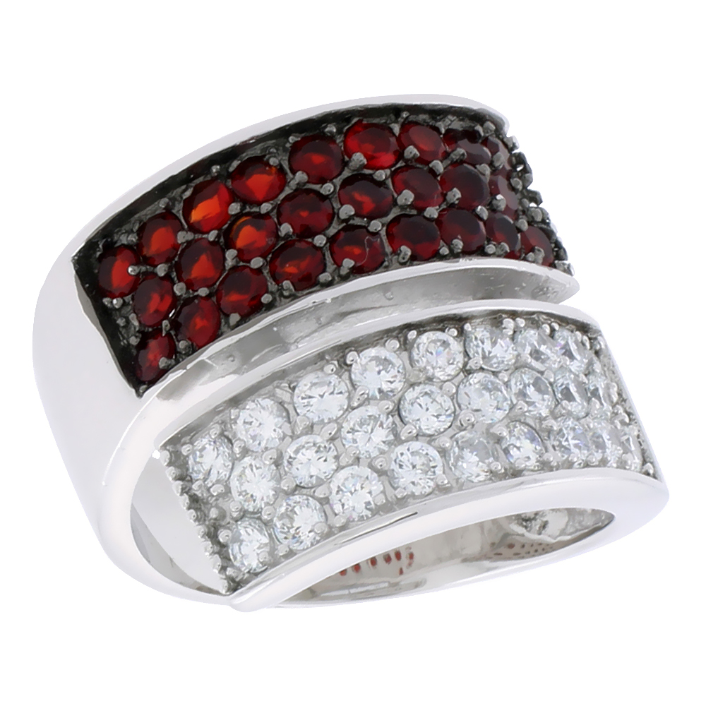 Sterling Silver & Rhodium Plated Band, w/ 2mm High Quality CZ's (26 Ruby, 26 White), 3/4" (19 mm) wide