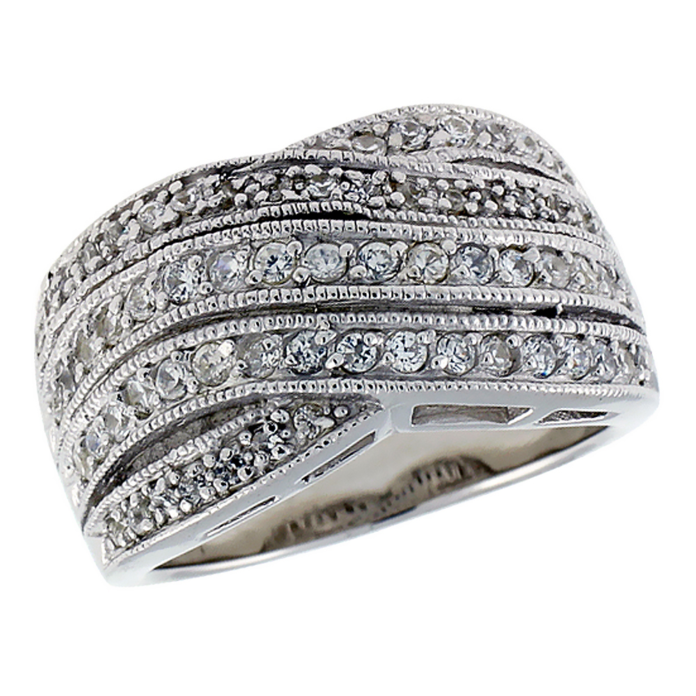 Sterling Silver &amp; Rhodium Plated Freeform Ring, w/ Tiny High Quality CZ&#039;s, 1/2&quot; (13 mm) wide