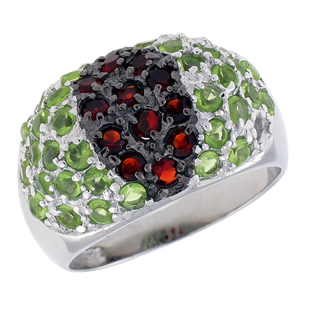 Sterling Silver &amp; Rhodium Plated Dome Ring, w/ 2mm High Quality CZ&#039;s (12 Ruby, 34 Peridot), 1/2&quot; (12 mm) wide