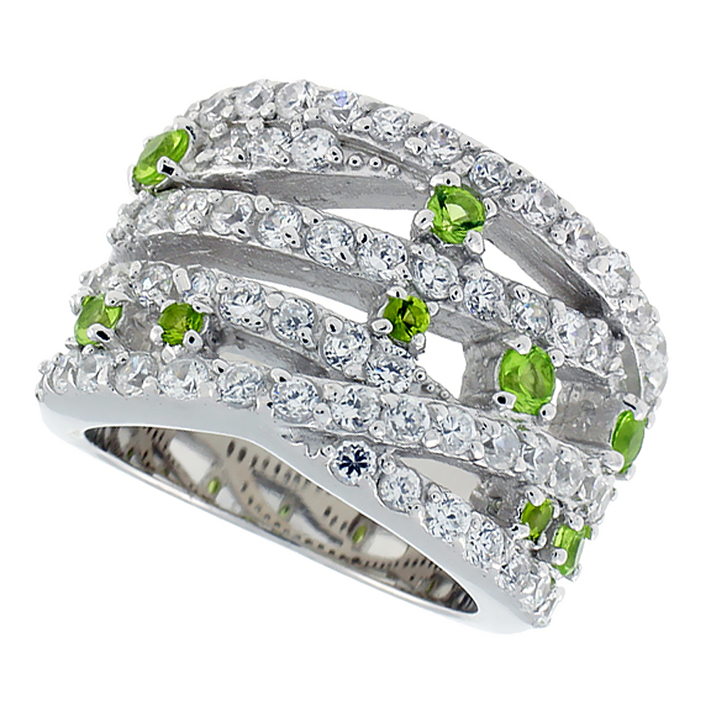 Sterling Silver &amp; Rhodium Plated Freeform Band, w/ 2mm High Quality White &amp; Peridot CZ&#039;s, 5/8&quot; (15 mm) wide