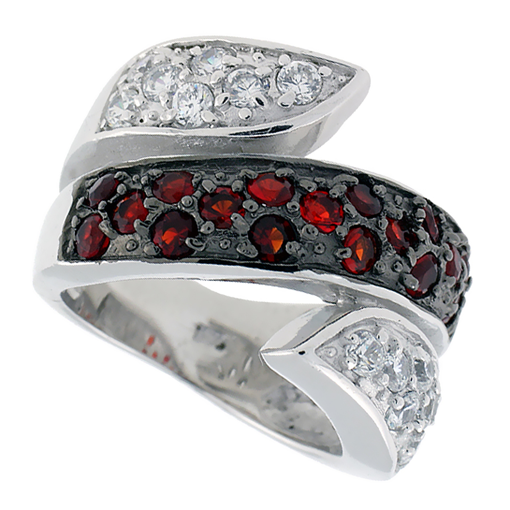 Sterling Silver & Rhodium Plated Spiral Band, w/ 2mm High Quality CZ's (17 Ruby, 14 White), 11/16" (17 mm) wide