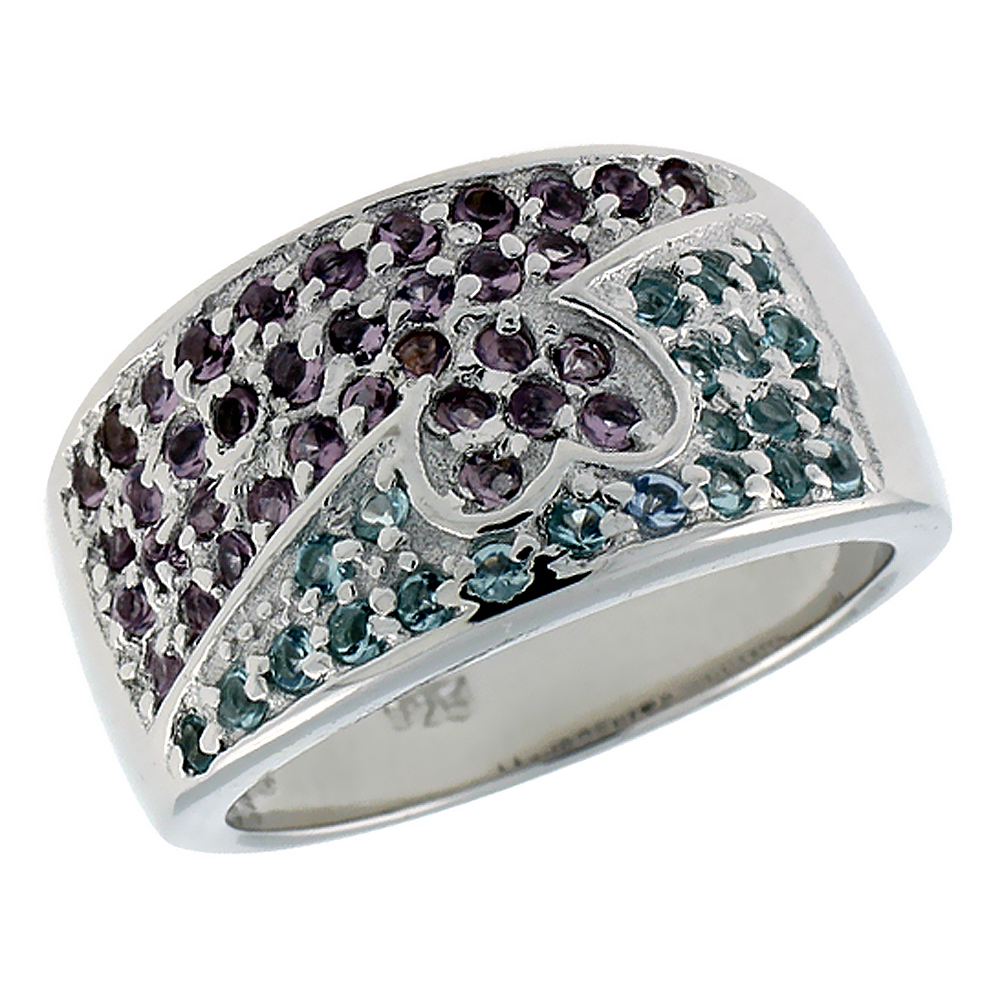 Sterling Silver &amp; Rhodium Plated Dome Heart Band, w/ Tiny High Quality CZ&#039;s (22 Blue Topaz, 36 Amethyst), 7/16&quot; (12 mm) wide