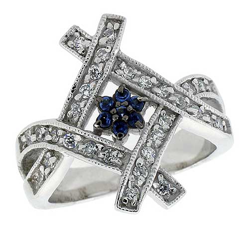 Sterling Silver & Rhodium Plated Flower Ring, w/ Tiny High Quality Sapphire & White CZ's, 7/8" (22 mm) wide