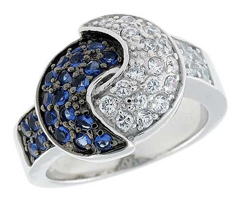 Sterling Silver & Rhodium Plated Overlapping Crescent Moon Band, w/ Tiny High Quality Sapphire & White CZ's, 5/8" (16 mm) wide