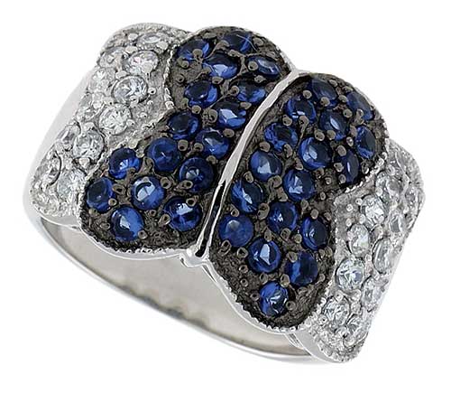 Sterling Silver & Rhodium Plated Butterfly Band, w/ 2mm High Quality Sapphire & White CZ's, 5/8" (16 mm) wide
