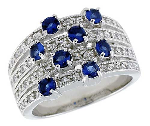 Sterling Silver &amp; Rhodium Plated Dome Band, w/ Eight 3mm High Quality Sapphire CZ&#039;s, 1/2&quot; (13 mm) wide