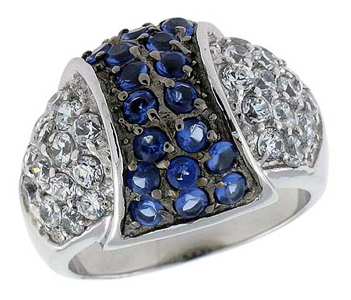 Sterling Silver &amp; Rhodium Plated Dome Ring, w/ 2mm High Quality Sapphire &amp; White CZ&#039;s, 9/16&quot; (15 mm) wide