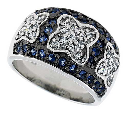 Sterling Silver & Rhodium Plated Floral Dome Ring, w/ Tiny High Quality Sapphire & White CZ's, 1/2" (13 mm) wide