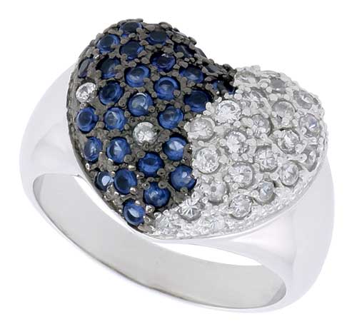Sterling Silver & Rhodium Plated Heart Ring, w/ 2mm High Quality Sapphire & White CZ's, 9/16" (15 mm) wide