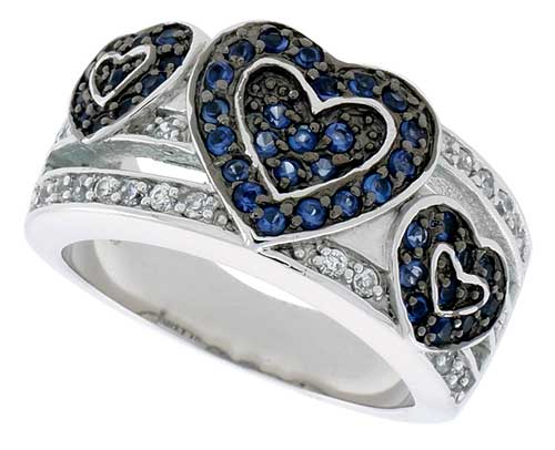 Sterling Silver & Rhodium Plated Hearts Band, w/ Tiny High Quality Sapphire & White CZ's, 1/2" (12 mm) wide