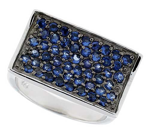 Sterling Silver & Rhodium Plated Rectangular Band, w/ 2mm High Quality Sapphire CZ's, 9/16" (15 mm) wide