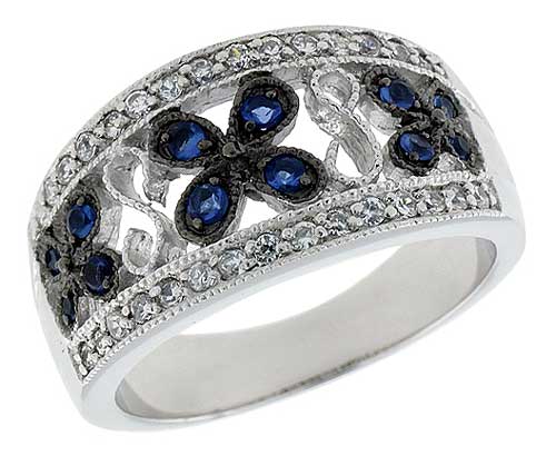 Sterling Silver &amp; Rhodium Plated Floral Band, w/ Tiny High Quality Sapphire &amp; White CZ&#039;s, 7/16&quot; (12 mm) wide