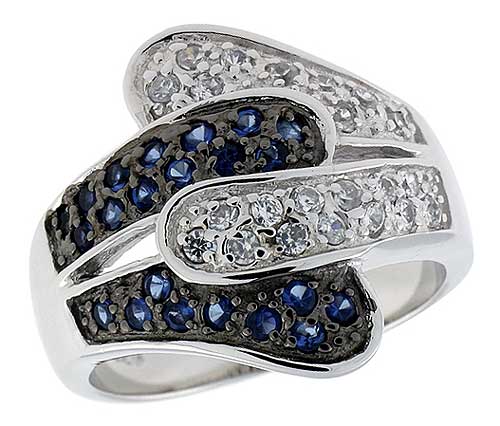 Sterling Silver &amp; Rhodium Plated Freeform Band, w/ Tiny High Quality Sapphire &amp; White CZ&#039;s, 3/4&quot; (19 mm) wide