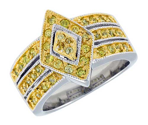 Sterling Silver &amp; Rhodium Plated Diamond-shaped Band, w/ Tiny High Quality Citrine CZ&#039;s, 9/16&quot; (15 mm) wide