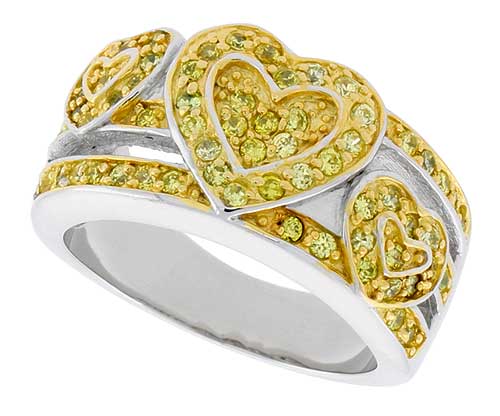 Sterling Silver & Rhodium Plated Hearts Band, w/ Tiny High Quality Citrine CZ's, 1/2" (13 mm) wide