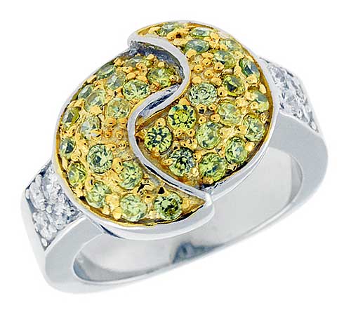 Sterling Silver & Rhodium Plated Double Crescent Moon Ring, w/ Tiny High Quality White & Citrine CZ's, 9/16 (14 mm) wide