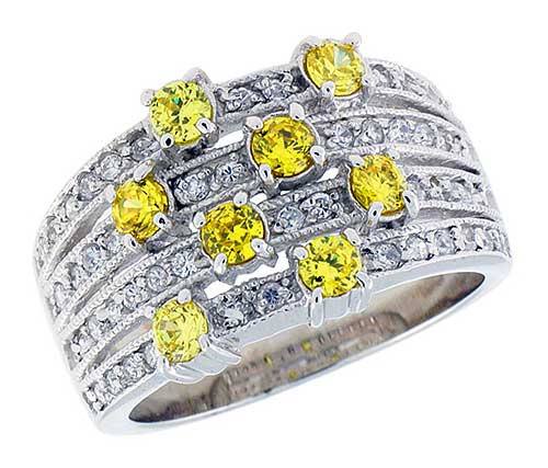 Sterling Silver &amp; Rhodium Plated Band, w/ 3mm High Quality Citrine CZ&#039;s, 1/2 (13 mm) wide