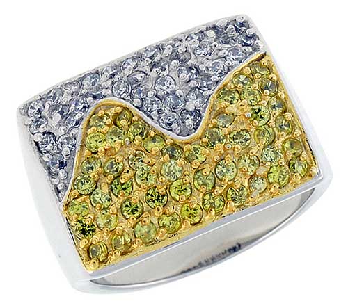 Sterling Silver & Rhodium Plated Square Band, w/ Tiny High Quality White & Citrine CZ's, 9/16 (15 mm) wide