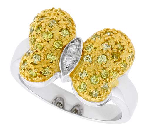 Sterling Silver &amp; Rhodium Plated Butterfly Ring, w/ Tiny High Quality White &amp; Citrine CZ&#039;s, 9/16 (14 mm) wide