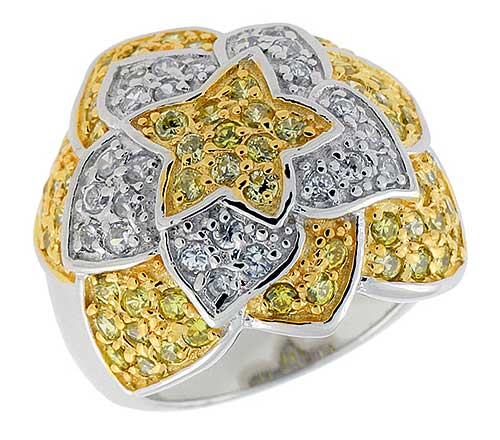 Sterling Silver & Rhodium Plated Floral Band, w/ Tiny High Quality White & Citrine CZ's, 11/16" (17 mm) wide