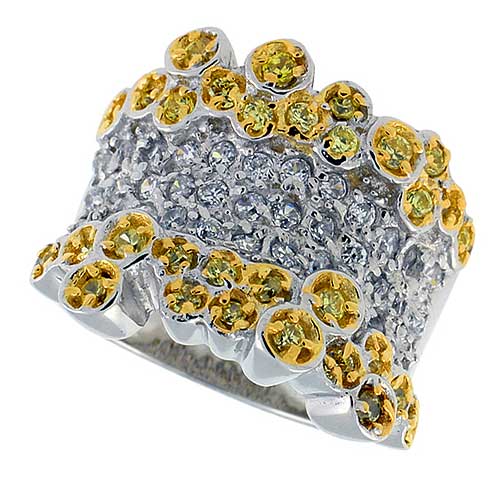 Sterling Silver & Rhodium Plated Bubbles Band, w/ Tiny High Quality White & Citrine CZ's, 5/8" (16 mm) wide