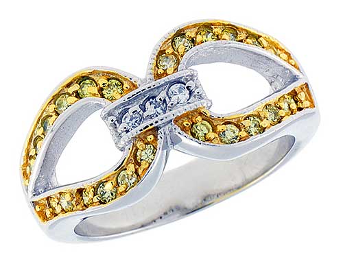 Sterling Silver &amp; Rhodium Plated Knot Ring, w/ Tiny High Quality White &amp; Citrine CZ&#039;s, 3/8&quot; (9 mm) wide