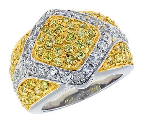 Sterling Silver & Rhodium Plated Diamond-shaped Dome Band, w/ 2mm High Quality White & Citrine CZ's, 11/16" (17 mm) wide