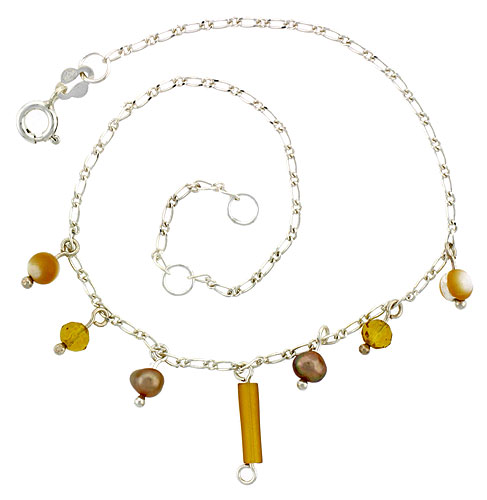 Sterling Silver Anklet Natural Brown Pearls Citrine Beads, adjustable 9 - 10 inch