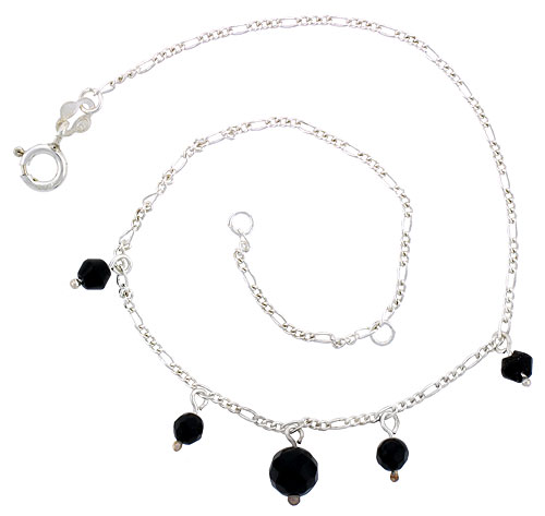 Sterling Silver Anklet Natural Stone Onyx Beads, adjustable 9 - 10 inch